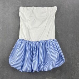 Kali‎ Fashions Women Medium White Blue Striped Bubble Hem Strapless Mini Dress
